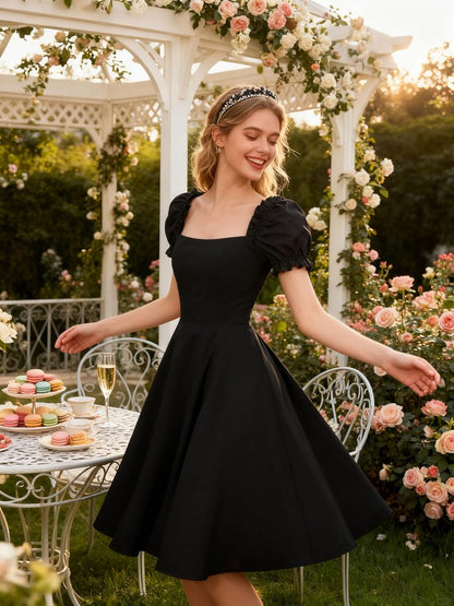 Women'S Puff Short Sleeve 1950S Party Dresses Square Neck Aline Dress with Pockets